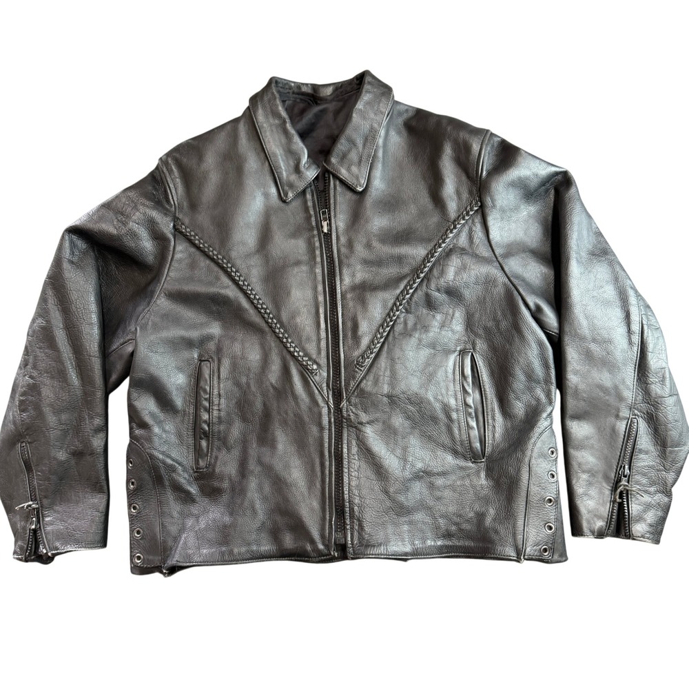 Vintage Black Leather Biker‎ Jacket Braid Detail Womens XL Missing Liner